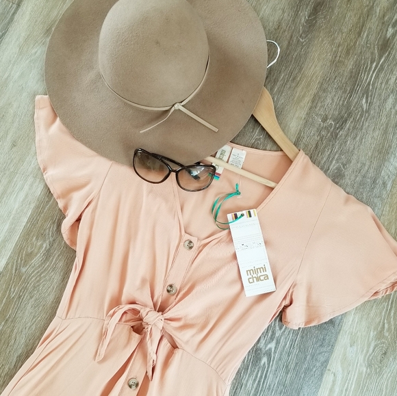 Mimi Chica Cut Out Tie Knot Maxi Dress Button Down Short Sleeve Boho Peasant NWT - Picture 4 of 9